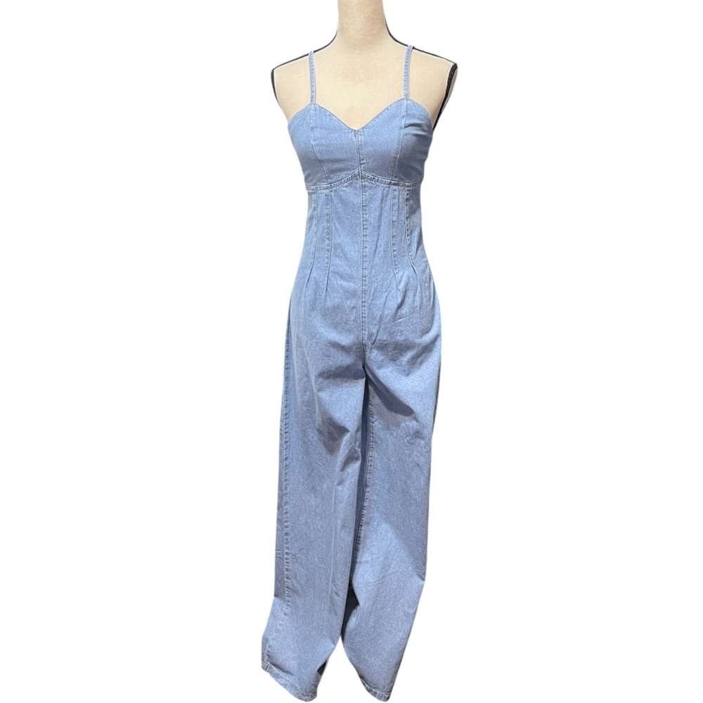 Shein Blue Chambray Denim Sweetheart Sleeveless Coastal‎ Cowgirl Summer Jumpsuit